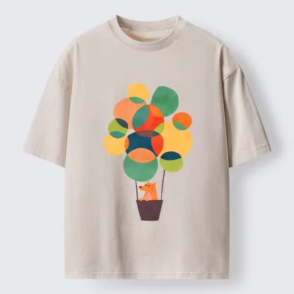 Tokyo-Tiger Bear Rides Colorful Balloon Basket Washed T-Shirt