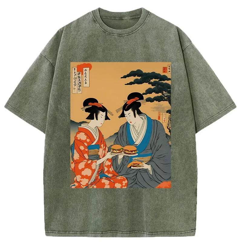 Tokyo-Tiger Geisha Eating Burgers Washed T-Shirt