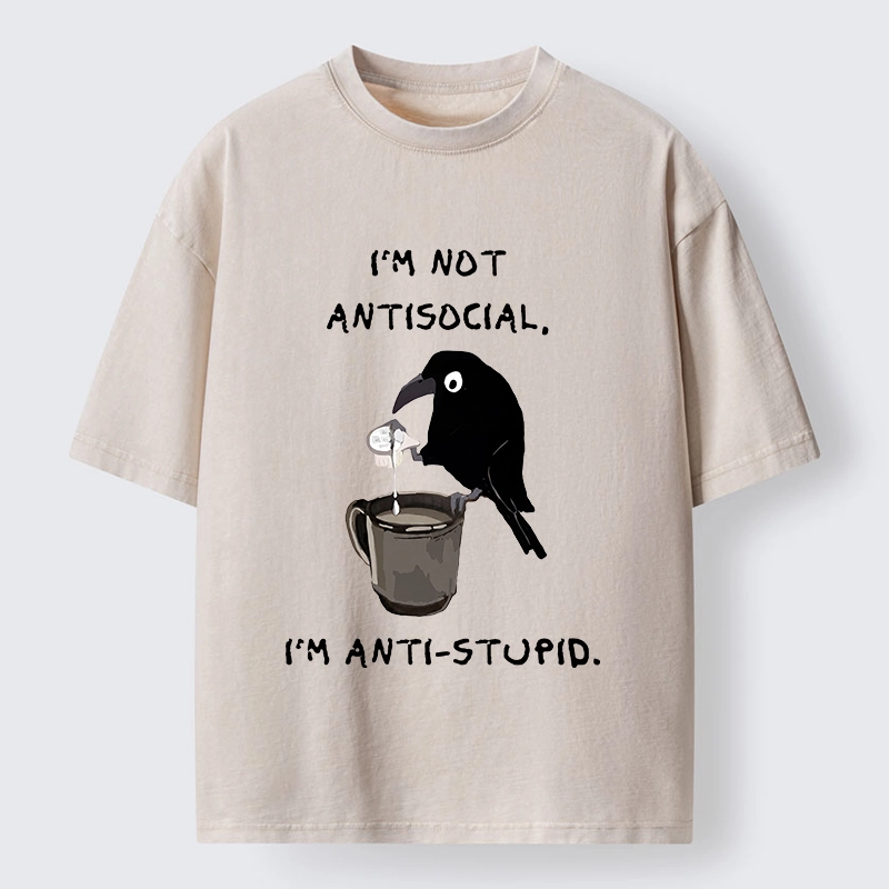 Tokyo-Tiger Cool Crow Sips Calm Coffee Alone Washed T-Shirt