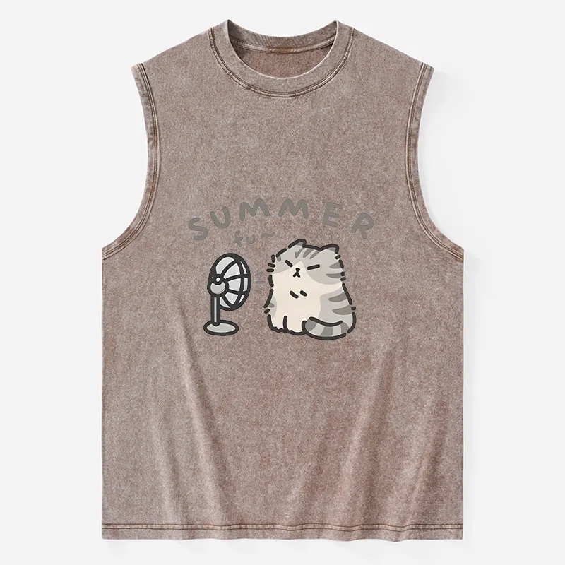 Tokyo-Tiger Summer Cat Chills With A Fan Washed Tank Sale