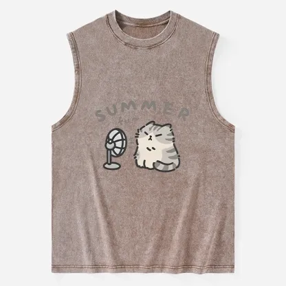Tokyo-Tiger Summer Cat Chills With A Fan Washed Tank