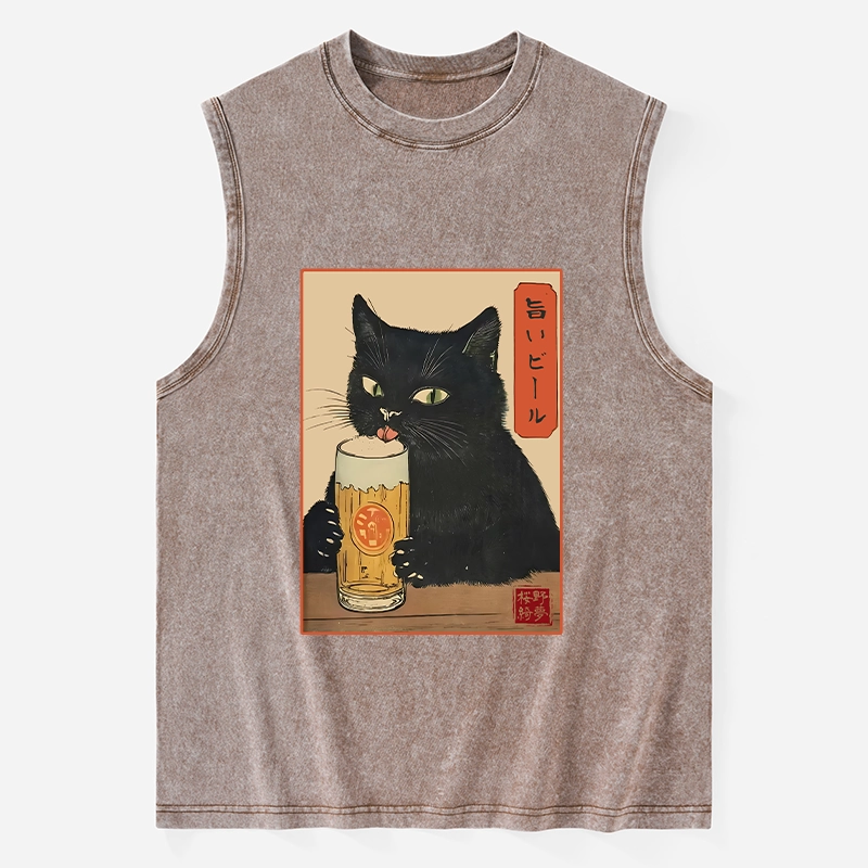 Tokyo-Tiger Cat Holding A Glass Of Beer Washed Tank
