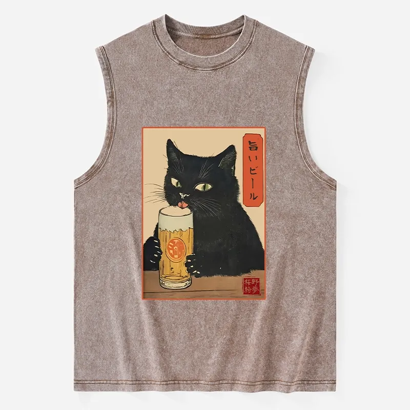 Tokyo-Tiger Cat Holding A Glass Of Beer Washed Tank