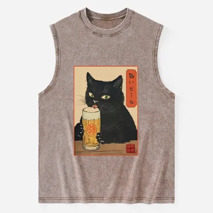 Tokyo-Tiger Cat Holding A Glass Of Beer Washed Tank