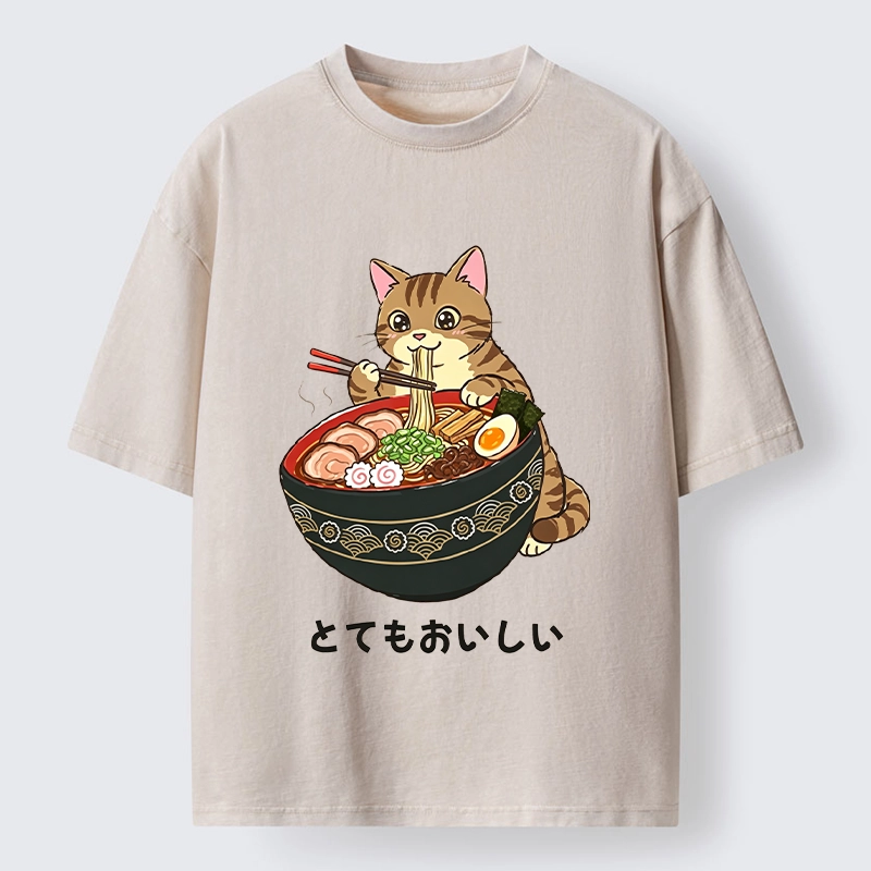 Tokyo-Tiger Cat Eat Delicious Hot Ramen Washed T-Shirt