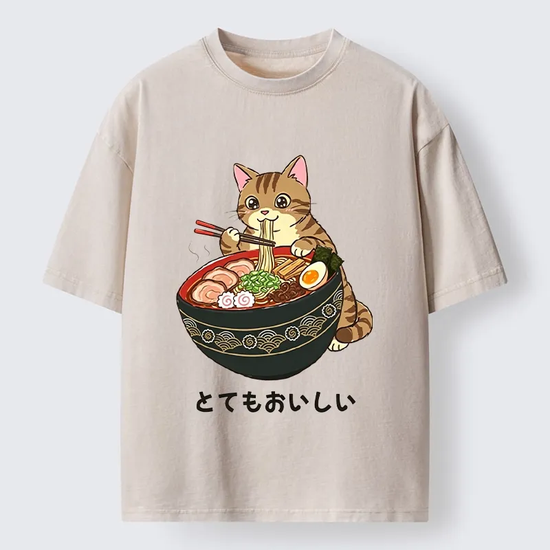 Tokyo-Tiger Cat Eat Delicious Hot Ramen Washed T-Shirt