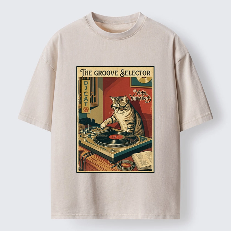 Tokyo-Tiger Retro DJ Cat Vinyl Record Art Washed T-Shirt