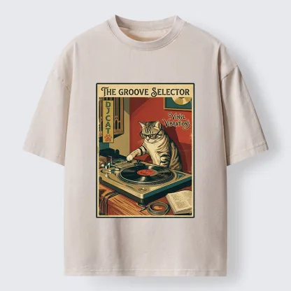 Tokyo-Tiger Retro DJ Cat Vinyl Record Art Washed T-Shirt