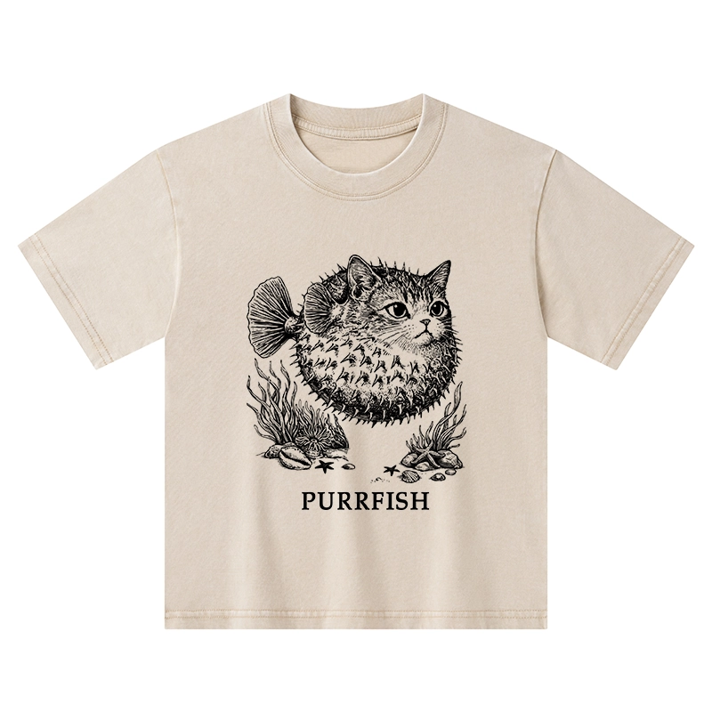 Tokyo-Tiger Spiky Puffer With Cute Cat Head Kids Washed T-Shirt