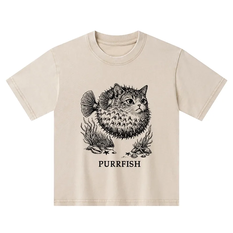 Tokyo-Tiger Spiky Puffer With Cute Cat Head Kids Washed T-Shirt