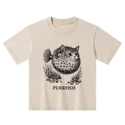 Tokyo-Tiger Spiky Puffer With Cute Cat Head Kids Washed T-Shirt