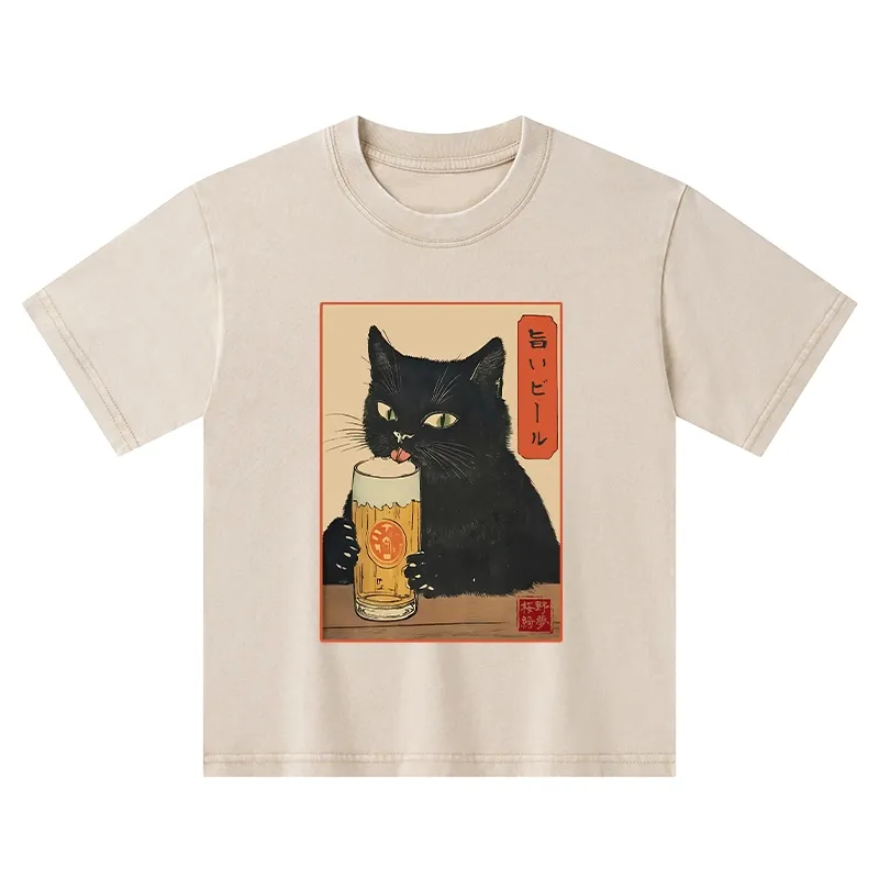 Tokyo-Tiger Cat Holding A Glass Of Beer Kids Washed T-Shirt Sale