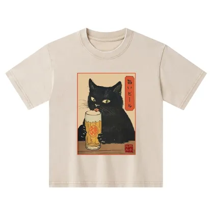 Tokyo-Tiger Cat Holding A Glass Of Beer Kids Washed T-Shirt