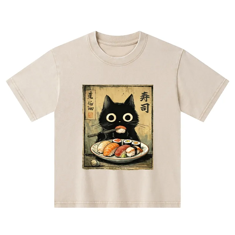 Tokyo-Tiger  Vintage Japanese Sushi Cat Kids Washed T-Shirt