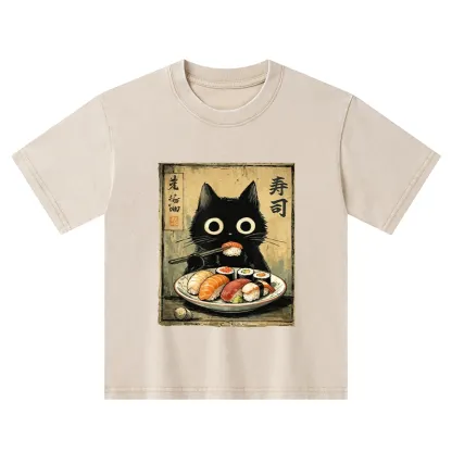 Tokyo-Tiger  Vintage Japanese Sushi Cat Kids Washed T-Shirt
