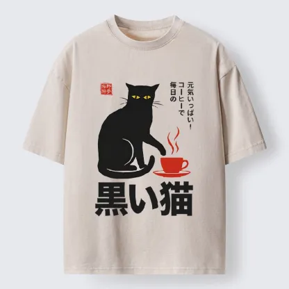 Tokyo-Tiger Black Cat Sips Daily Coffee Japanese Print Washed T-Shirt