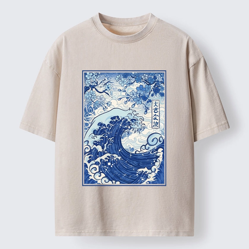 Tokyo-Tiger Vintage Japanese Wave Sakura Print Washed T-Shirt