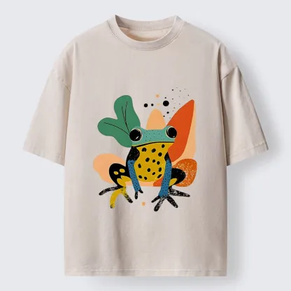 Tokyo-Tiger Vibrant Shapes Colorful Jungle Frog Tee Washed T-Shirt