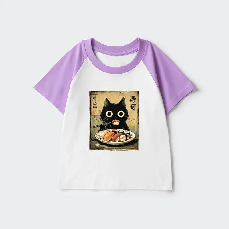 Tokyo-Tiger Vintage Japanese Sushi Cat Kids Raglan T-shirt
