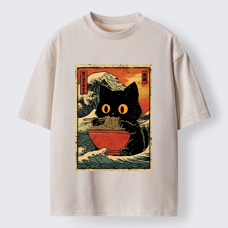 Tokyo-Tiger Cool Wave Art Cat Loves Ramen Bowl Washed T-Shirt