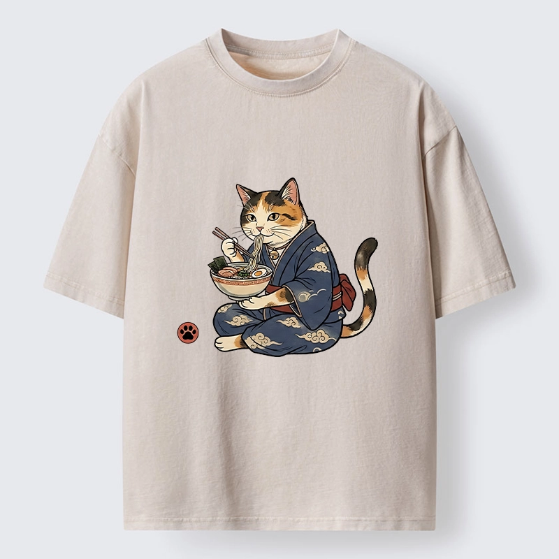 Tokyo-Tiger Traditional Japanese Cat Noodle Lover Washed T-Shirt