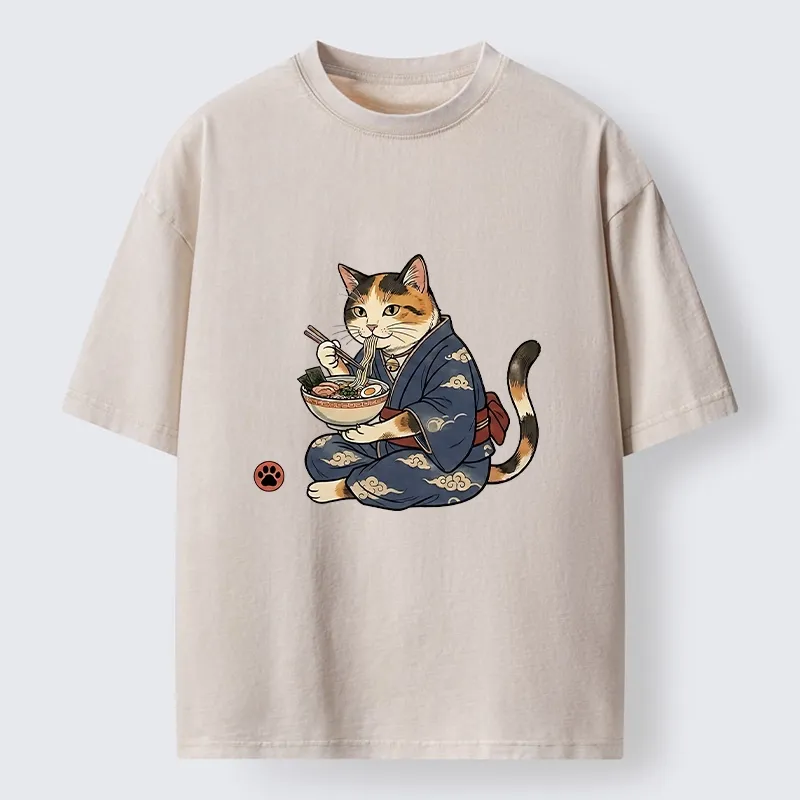Tokyo-Tiger Traditional Japanese Cat Noodle Lover Washed T-Shirt