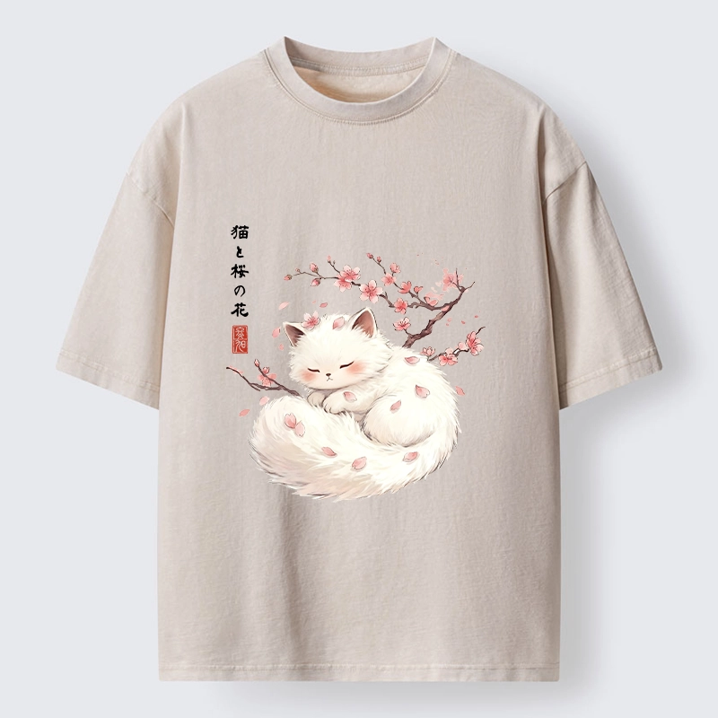 Tokyo-Tiger Soft Sakura White Cat Peaceful Sleep Washed T-Shirt