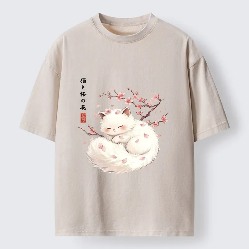 Tokyo-Tiger Soft Sakura White Cat Peaceful Sleep Washed T-Shirt