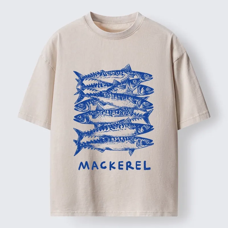 Tokyo-Tiger Retro Block Print Blue Mackerel School Washed T-Shirt