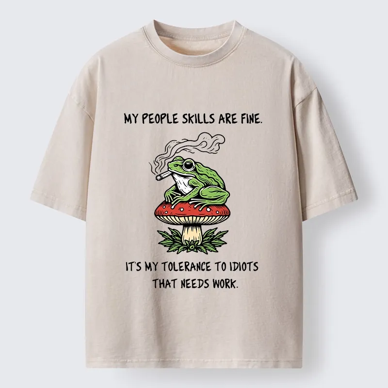 Tokyo-Tiger Relax Frog On Red Spotted Mushroom Washed T-Shirt