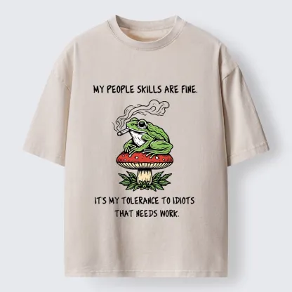 Tokyo-Tiger Relax Frog On Red Spotted Mushroom Washed T-Shirt