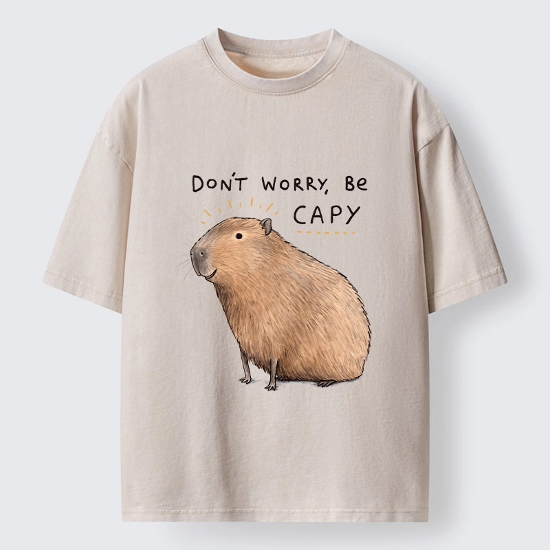 Tokyo-Tiger Calm Happy Capybara Relax Life Print Washed T-Shirt