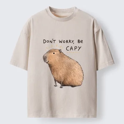 Tokyo-Tiger Calm Happy Capybara Relax Life Print Washed T-Shirt