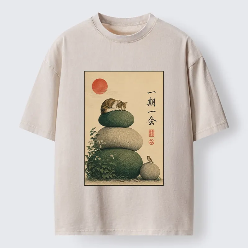 Tokyo-Tiger Peaceful Sleep Kitty Zen Garden Graphic Washed T-Shirt