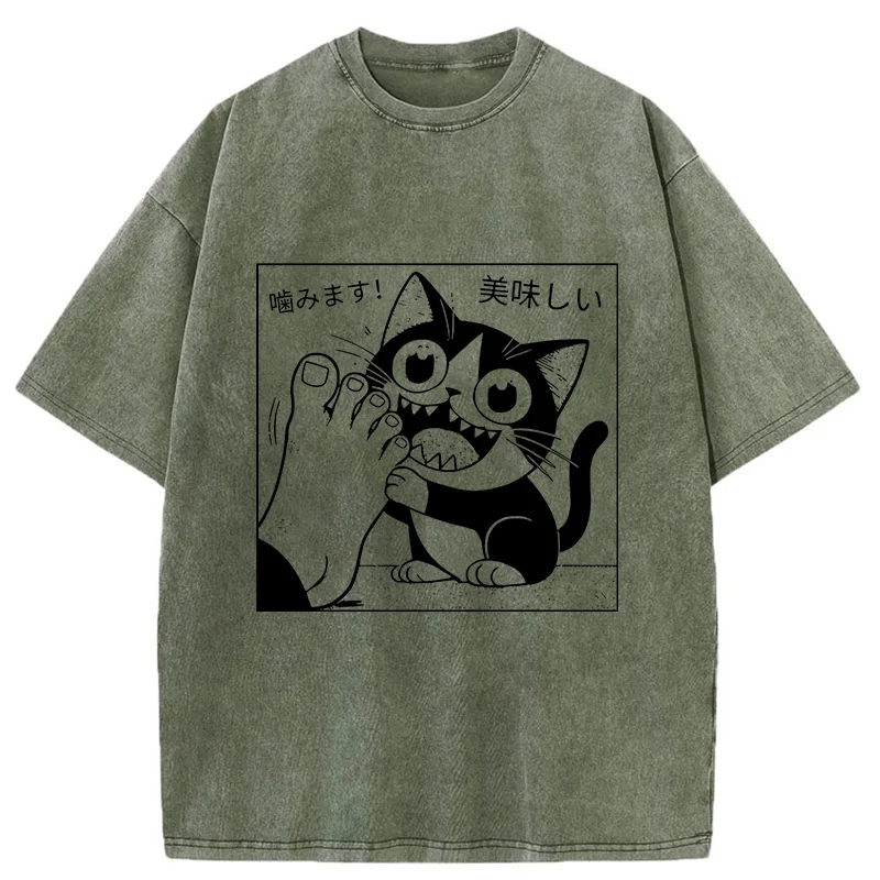 Tokyo-Tiger Cat Chewing Human Feet Washed T-Shirt