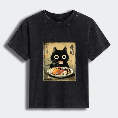 Tokyo-Tiger Vintage Japanese Sushi Cat Women's Washed T-shirt