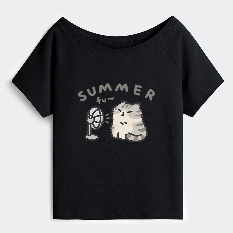 Tokyo-Tiger Summer Cat Chills With A Fan Off Shoulder T-Shirt