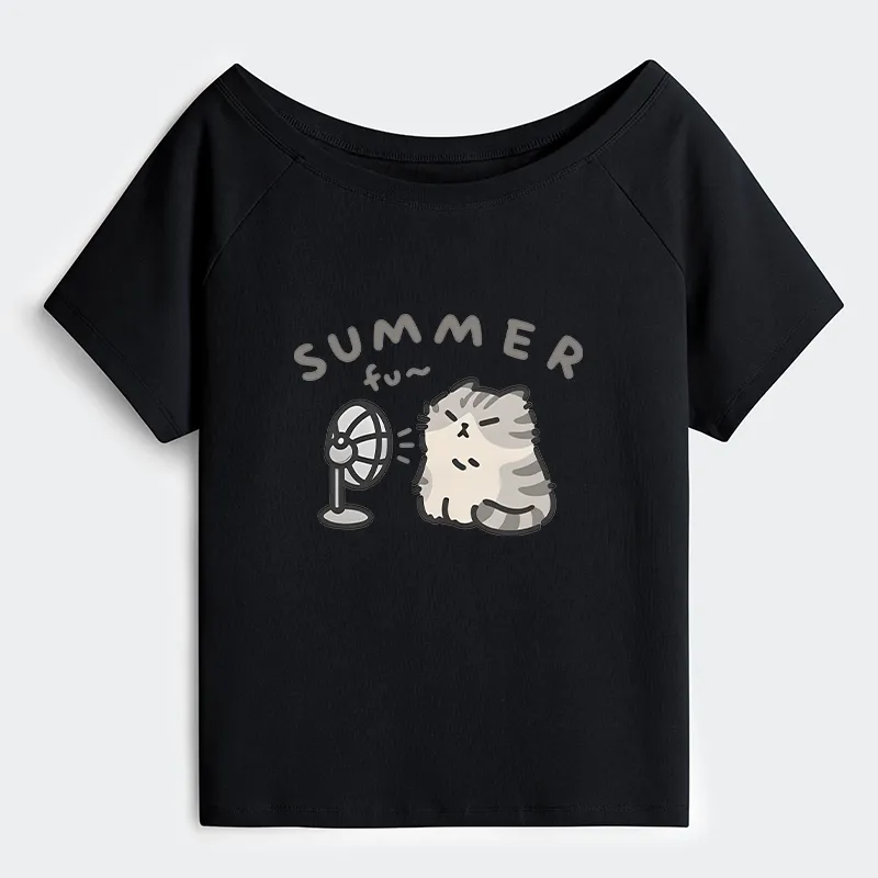 Tokyo-Tiger Summer Cat Chills With A Fan Off Shoulder T-Shirt