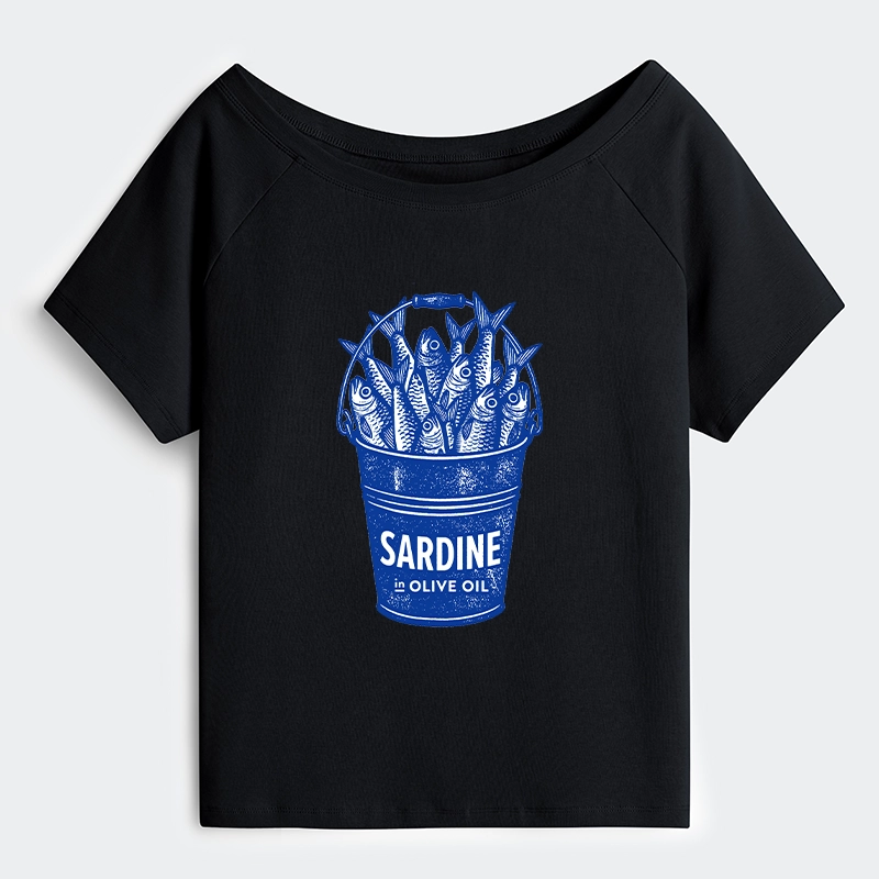 Tokyo-Tiger Vintage Bucket Full Of Fresh Sardines Off Shoulder T-Shirt