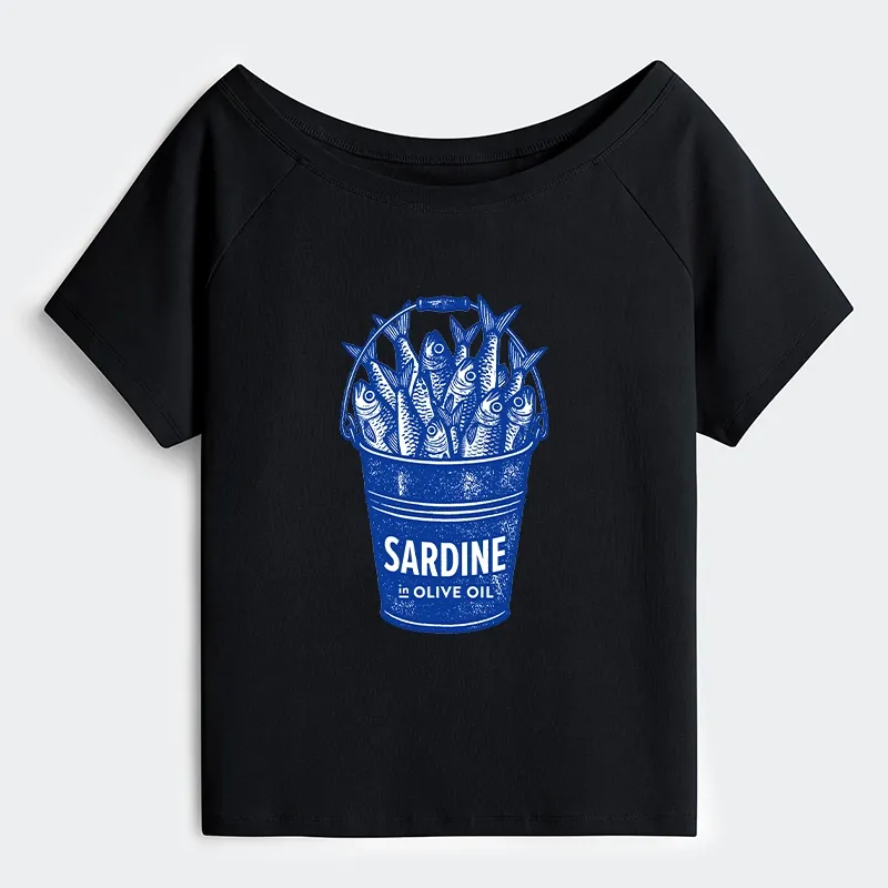 Tokyo-Tiger Vintage Bucket Full Of Fresh Sardines Off Shoulder T-Shirt