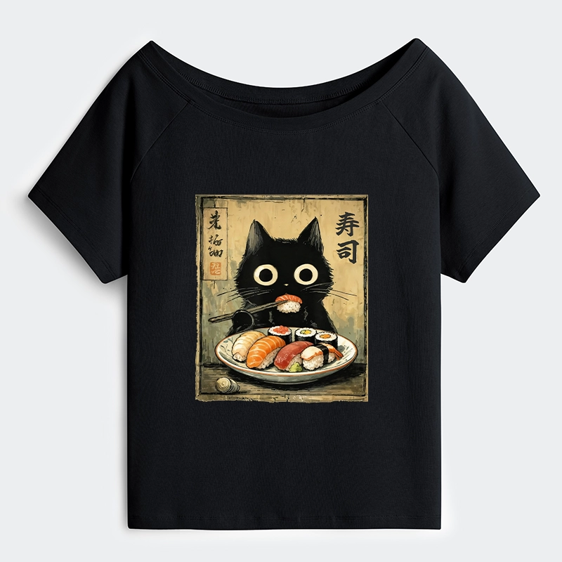 Tokyo-Tiger Vintage Japanese Sushi Cat Off Shoulder T-Shirt