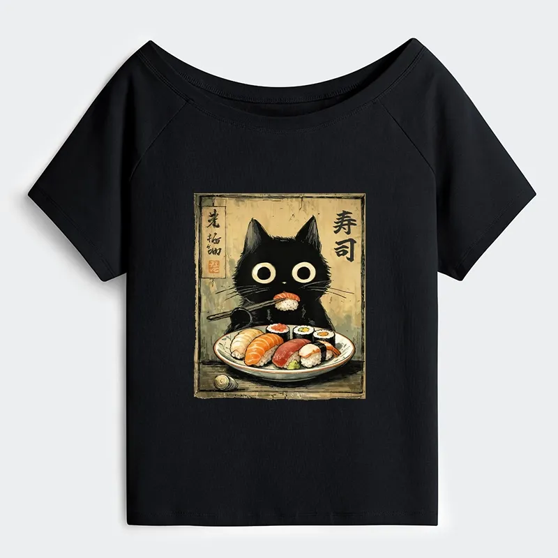 Tokyo-Tiger Vintage Japanese Sushi Cat Off Shoulder T-Shirt