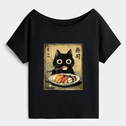 Tokyo-Tiger Vintage Japanese Sushi Cat Off Shoulder T-Shirt