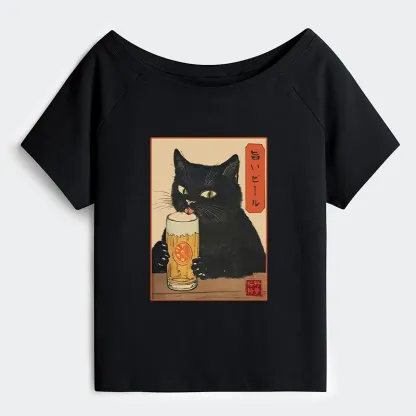 Tokyo-Tiger Cat Holding A Glass Of Beer Off Shoulder T-Shirt