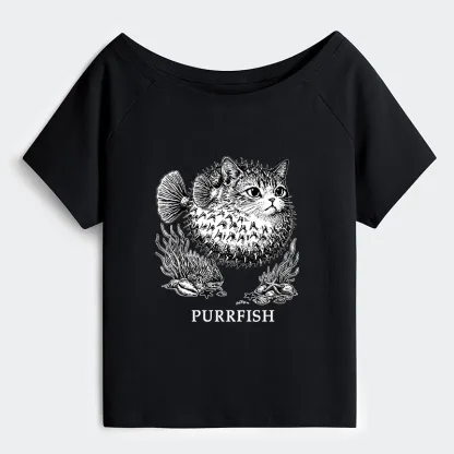 Tokyo-Tiger Spiky Puffer With Cute Cat Head Off Shoulder T-Shirt