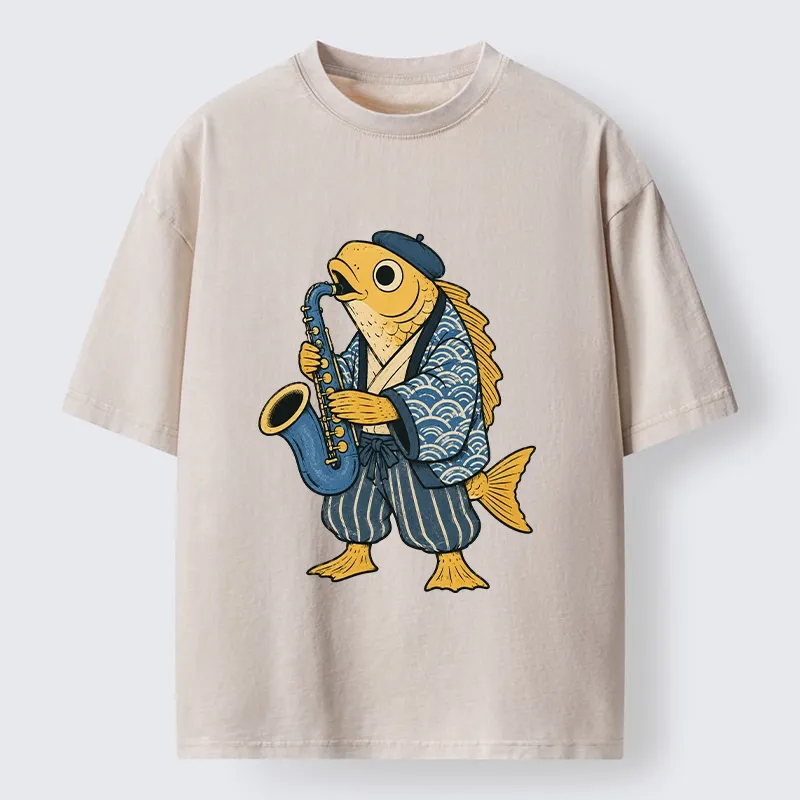Tokyo-Tiger Jazz Sax Fish Vintage Japanese Ukiyo Art Washed T-Shirt