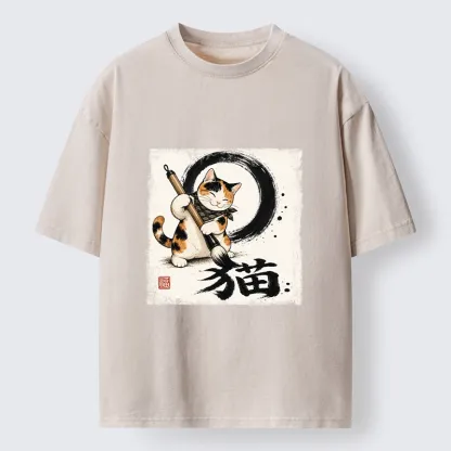 Tokyo-Tiger Calico Cat Writing Chinese Cat Kanji Washed T-Shirt