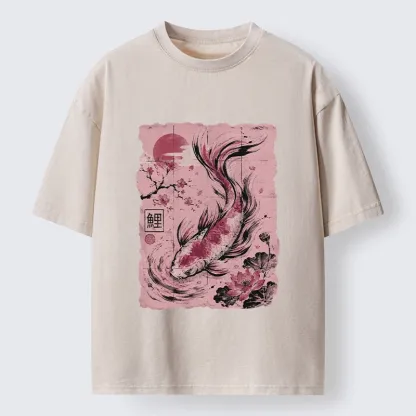 Tokyo-Tiger Sakura Lotus Koi Old Scroll Asian Tee Washed T-Shirt