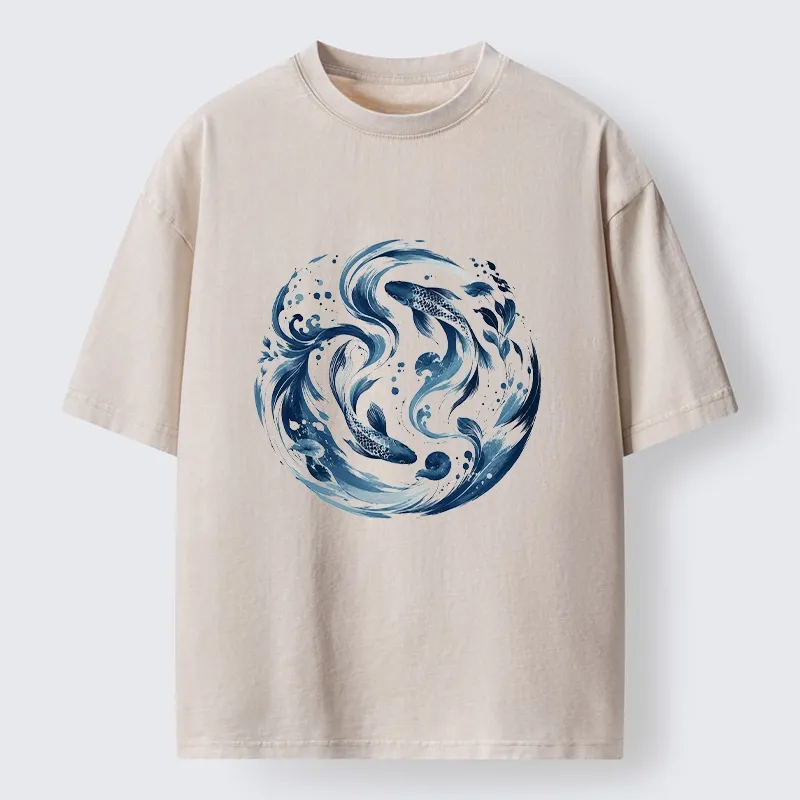 Tokyo-Tiger Monochrome Blue Yin Yang Fish Tee Washed T-Shirt