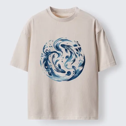 Tokyo-Tiger Monochrome Blue Yin Yang Fish Tee Washed T-Shirt